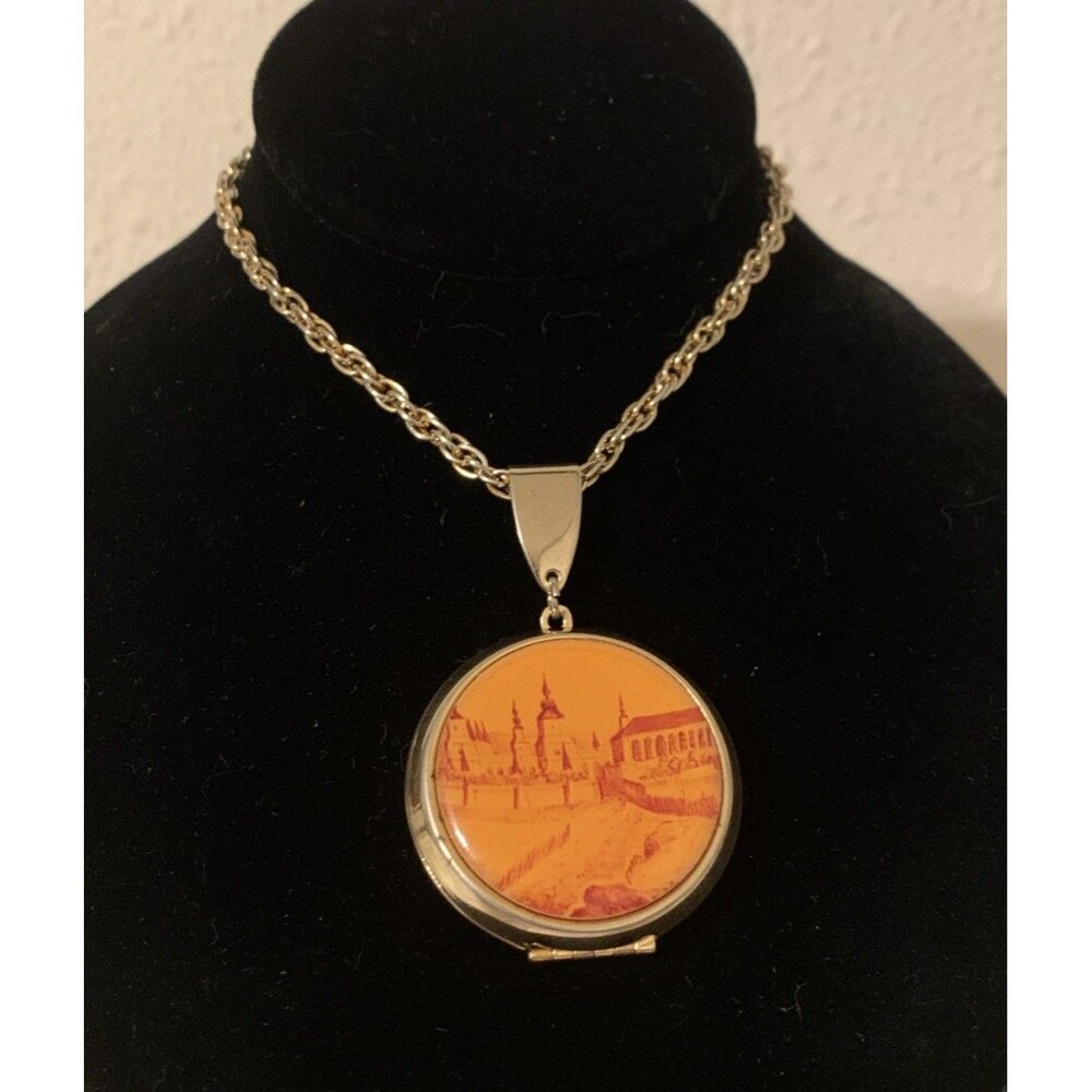 Vintage 70s Locket Necklace Orange City Large Round 24” Gold Tone